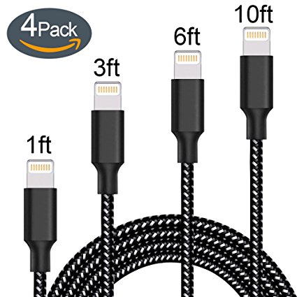 Lightning Cable,ONSON Charger Cables 4Pack 1FT 3FT 6FT 10FT to USB Syncing and Charging Cable Data Nylon Braided Cord Charger for iPhone 7/7 Plus/6/6 Plus/6s/6s Plus/5/5s/5c/SE and more-BlackWhite