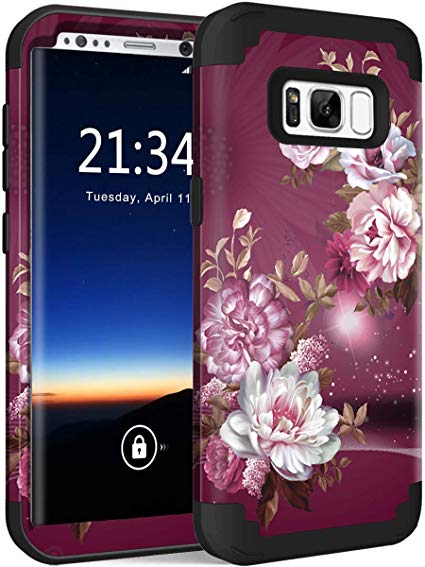 Hocase Galaxy S8 SM-G950 Case, Heavy Duty Protection Shock Absorbing Silicone Rubber Bumper Hard Plastic Shell Hybrid Dual Layer Protective Case for Samsung Galaxy S8 5.8" 2017 - Burgundy Flowers