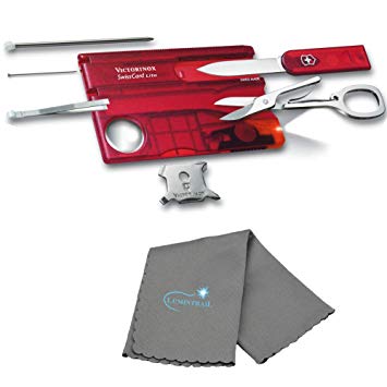 Victorinox SwissCard Lite Pocket Muti-Tool Card Everyday Carry EDC Travel Size Set BUNDLE with a Lumintrail Cleaning Cloth (Red Transparent)