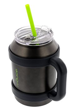 reduce COLD-1 Extra Large Vacuum Insulated Big Thermal Mug with Wide Bottom, 3-in-1 Lid & Straw, Ergonomic Handle, 50 oz, Tasteless and Odorless - Gray w/Lime