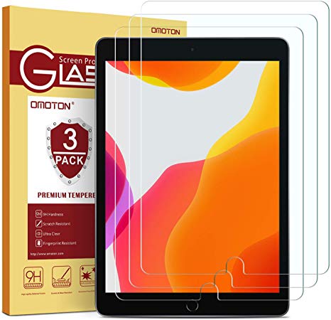 OMOTON [3 Pack] Screen Protector for iPad 10.2-Inch (7th Gen, 2019) - Tempered Glass/Apple Pencil Compatible/Scratch Resistant