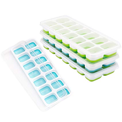 (4 Packs) Ice Cube Tray, TOPELEK Easy Release LFGB Certified Ice Cube Tray Moulds with 4 Spill-Resistant Lids, Best for Water, Cocktail and Other Drinks, Blue and Green