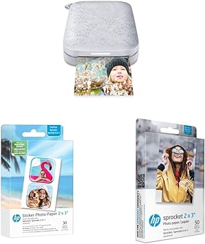 HP Sprocket Portable 2x3 Instant Color Photo Printer (Luna Pearl) & Sprocket 2x3” Premium Zink Pre-Cut Sticker Photo Paper, 30 Sheets & Sprocket 2x3 Premium Zink Sticky Back Photo Paper (50 Sheets)