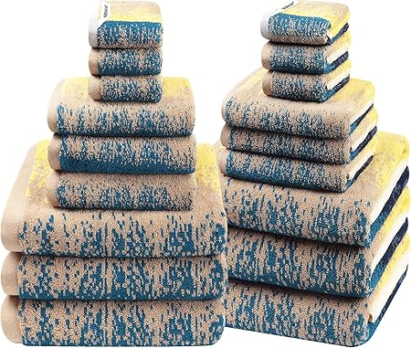 SEMAXE 18-Pack Bath Towel Set Include 6 Bath Towels, 6 Hand Towels, 6 Wash Cloths, 100% Cotton Bathroom Towels with Hanging Loops, Soft & Absorbent Towel, Colorful Towel - Beach Series