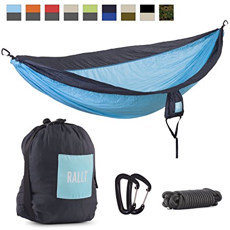 Rallt Camping Hammock - Ripstop Parachute Nylon, Lightweight & Portable, Includes Hanging Gear (Multiple Colors, Double or Single)