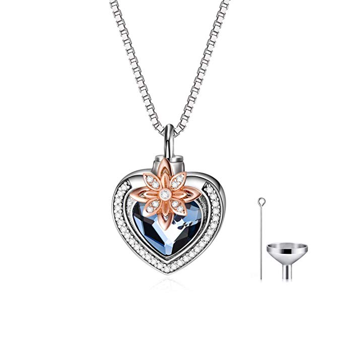 AOBOCO Cremation Jewelry 925 Sterling Silver Heart Flower Butterfly Urn Necklace for Ashes, Cremation Keepsake Necklace with Swarovski Crystal, Women Memorial Jewelry