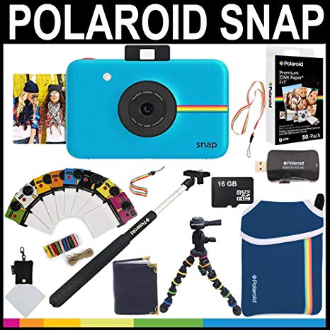 Polaroid Snap Instant Camera (Blue)   2x3 Zink Paper (50 Pack)   Neoprene Pouch   Selfie Pole   Photo Frames   Photo Album   16GB Memory Card   Accessory Bundle