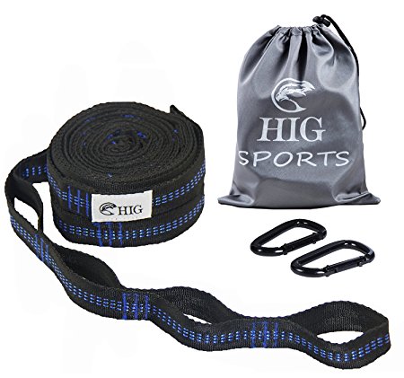 HIG Hammock Tree Straps - Combined 2200 LB Breaking Strength, 2 Carabiners, 20 Feet Long, 34 Loops, No Stretch Polyester Webbing. Hammock Suspension System (Blue)