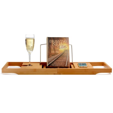 Bambüsi By Belmint 100% Bamboo Bathtub Caddy with Extendable Sides, Cellphone Tray & Integrated Wineglass Holder