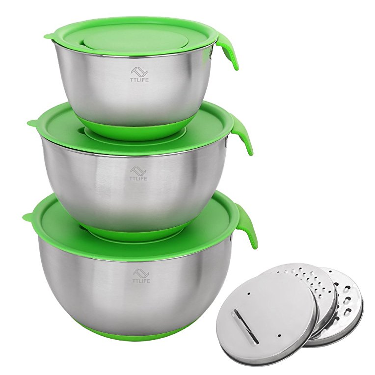 TTLIFE Non-Slip Stainless Steel Mixing Bowl Set with Lid Spout Handle Silicone Stockings and Fruit and Vegetable Slicer 3 Blades - Set of 3 Large Capacity Units Including: 3.5L/2L/5L