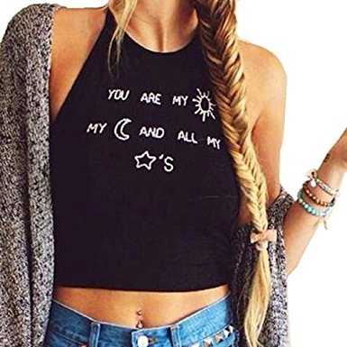 eshion Lady Women Letter Printed Backless Spaghetti Straps Crop Tops