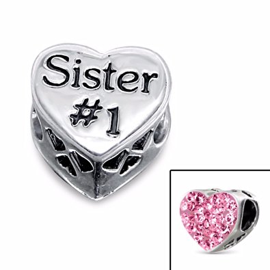 Silvadore - Silver Bead - ''Sister #1'' Engraved Number One Best Heart Plaque Mini Cut Crystal CZ Pink Rose Back - 925 Sterling Charm 3D Slide On 599 - Fits Pandora European Bracelet - Free Gift Boxed