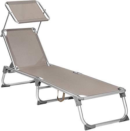SONGMICS Sun Lounger, Sunbed, Reclining Sun Chair with Sunshade, Adjustable Backrest, Foldable, Lightweight, 55 x 193 x 31 cm, Load Capacity 150 kg, for Garden, Patio, Taupe Colour GCB19BR