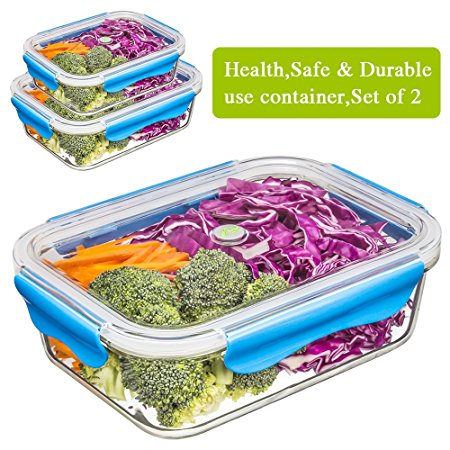 [2-Pack] Food Storage Container, Glass Meal Prep Container Airtight Food Container Set, Bento Lunch Box, BPA-Free, Stackable, Leak-proof, Microwave, Oven, Freezer, Dishwasher Safe [13oz & 35oz]