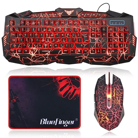 BlueFinger Mechanical Feeling Gaming Keyboard,Gaming Mouse and Mouse Pad Combo,USB Wired Keyboard,114 Keys Letters Glow,3 Color Blue/Red/Purple Backlit Crack Pattern,Keyboard Bundle for Computer Gamer