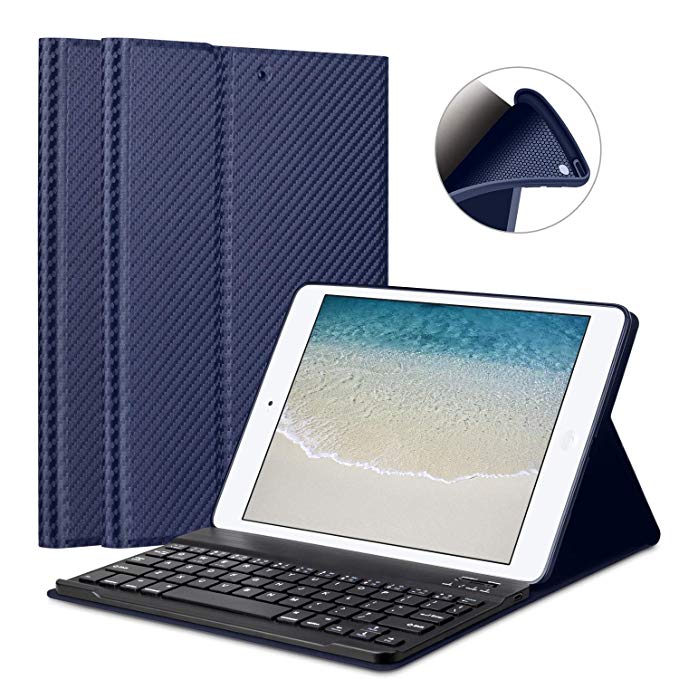 Keyboard Case for New iPad 2017 9.7" / iPad Air / iPad Air 2 - GOOJODOQ [Upgrade] Soft TPU Back Stand Cover[Viewing Angle Adjustable] Magnetically Detachable Wireless Bluetooth V3.0 Keyboard (iPad Air1/Air2/New2017/New 2018, iPad 5/6/8-CoolNavy)
