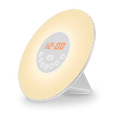 Wake-Up Light Alarm Clock FM Radio Sunrise Sunset Simulation Snooze Function Night Light with 6 Natural Sounds 7 Colours Multi-Light Modes Touch Control for Bedroom Playroom Nursery