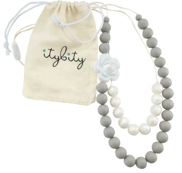 Baby Teething Necklace for Mom, Silicone Chew Beads, 100% BPA Free (Custom Soft Gray/Pearl)