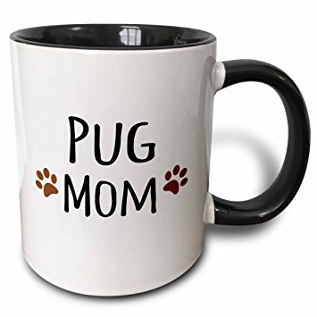3dRose Pug Dog Mom Doggie By Breed Muddy Brown Paw Prints Doggy Lover Proud Pet Owner Mama Love Two Tone Black Mug, 11 oz, Black/White
