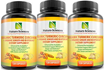Organic Turmeric Curcumin with BioPerine and Ginger by Naturo Sciences (Three Pack, 360 Capsules)