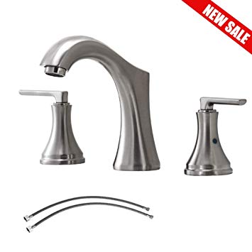 VAPSINT WeLL Commercial Contemporary 3-Hole Brushed Nickel Two Handle High-Arc Lavatory Vanity Sink Widespread Bathroom Faucet, Bathroom Sink Faucet With Hoses