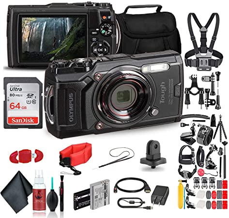 Olympus Tough TG-6 Waterproof Camera (Black) - Action Bundle - with 50 Piece Accessory Kit   Extra Battery   Float Strap   Sandisk 64GB Ultra Memory Card   Padded Case   More