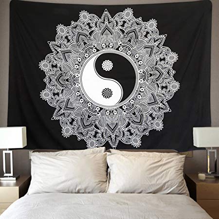 Sunm Boutique Black and White Tapestry Wall Hanging Yinyang Tapestry Mandala Tapestry Indian Traditional Art Bohemian Tapestry Wall Hanging