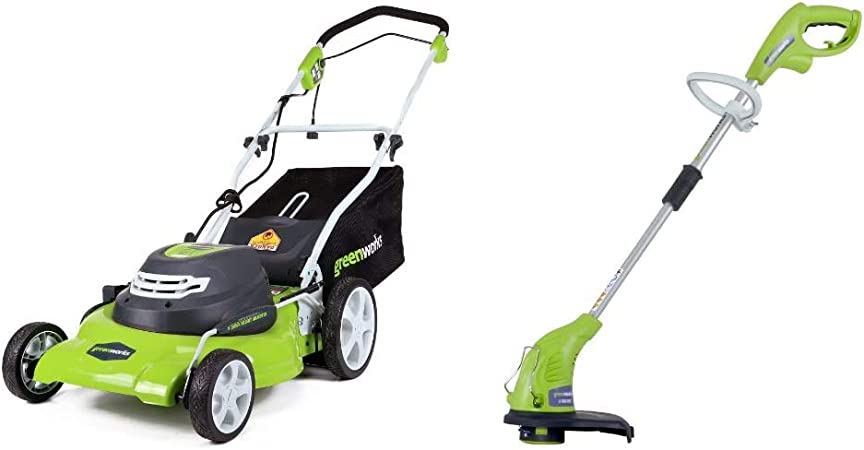 Greenworks 12 Amp 20-Inch 3-in-1Electric Corded Lawn Mower, 25022 & Greenworks 4 Amp 13" Corded Electric String Trimmer