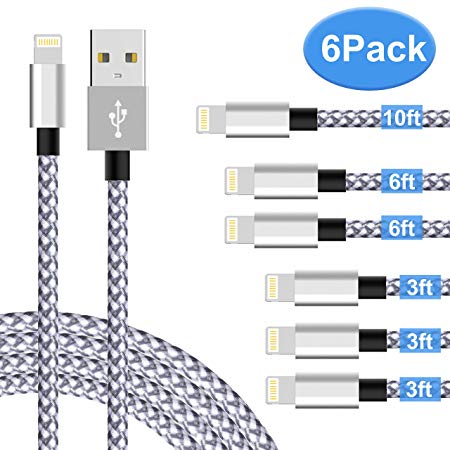 JimBest1980,Phone Charger Cord,Latest Technology, Nylon Braided USB Phone Charger Cord,Durable, Reliable, Compatible Phone Charging Cable, 6 Pack 10FT 6FT 6FT 3FT 3FT 3FT, Compatible with Phone Xs ma
