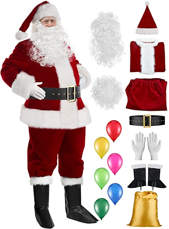 Christmas Santa Claus Costume Beard Adult Men Deluxe Plush Santa Suit Outfit Set