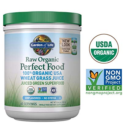 Garden of Life Raw Organic Perfect Food 100% Organic USA Wheat Grass Juice - Juiced Green Superfood Greens Powder, 60 Servings - Stevia-Free, Non-GMO, Vegan, Gluten Free Whole Food Dietary Supplement