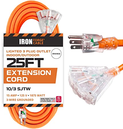 25 Foot Lighted Outdoor Extension Cord with 3 Electrical Power Outlets - 10/3 SJTW Orange 10 Gauge Extension Cable with 3 Prong Grounded Plug for Safety