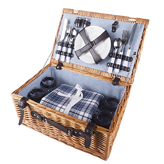HiCollie 4 Person Wicker Picnic Basket Hamper Set with Flatware, Plates and Wine Glasses Includes Blue Checked Pattern Lining and FREE Picnic Blanket