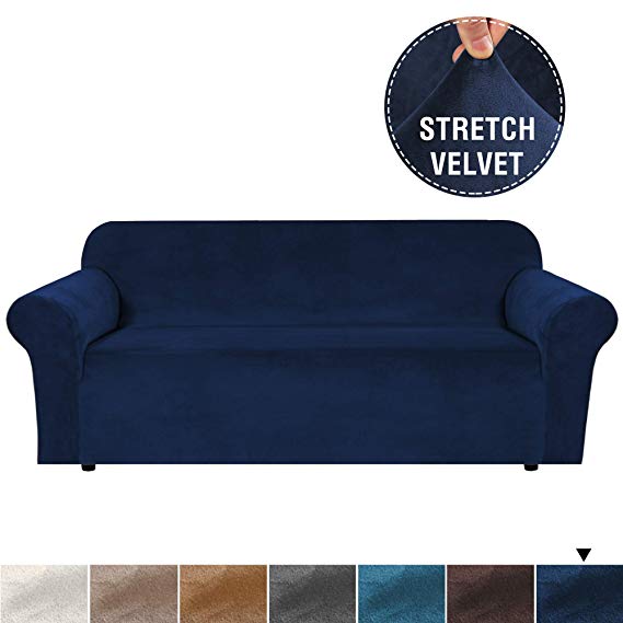 H.VERSAILTEX Real Soft Rich Velvet Plush Sofa Cover Slipcover, Thick Velvet Stretch Couch Cover for 3 Seat Sofa High Stretch Sofa Slipcover Stylish Furniture Cover Machine Washable - Sofa - Navy