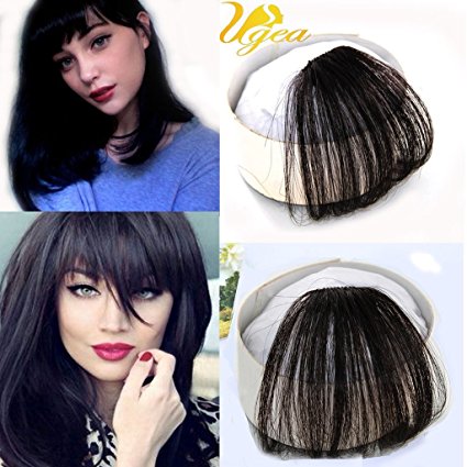 Ugeat Fashion Air Fringe Remy Human Hair Pieces Front Clip in Hair Fringe Hair Extensions without Hair Temples #1b Natural Black Color