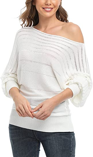 Dilgul Women's On Off One Shoulder Batwing Sleeve Semi-Sheer Sexy Elegant Sweater Knit Tops Pullover