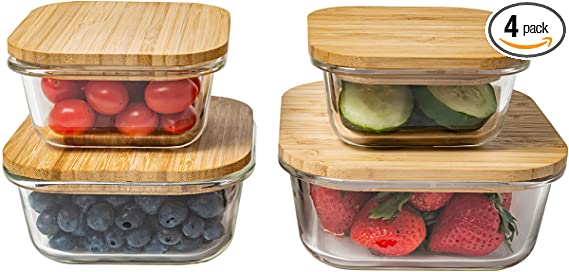Bonita Home Square Glass Storage Container with Bamboo Lids, Stackable BPA Free Airtight Seal Food Container Set, Organization and Storage Jars, (2) 10.82oz, (1) 17.58oz, (1) 27.05oz, Bamboo, 4 Pk