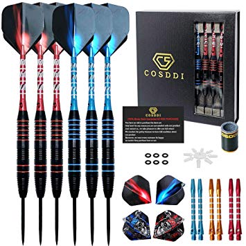 COSDDI Professional Darts Set - 6 Steel Tip Darts, with Aluminum Shafts and Flights, Darts Barrels, Dart Sharpener and Beautiful Gift Box