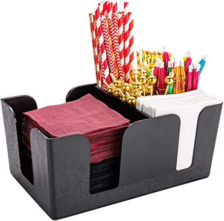 Bar Lux 9.5 x 5.8 x 4.2 Inch Bar Caddy, 1 Pebbled Napkin Holder - 6 Compartments, Organize Straws, Napkins, or Condiments, Black Plastic Bar Organizer, For Homes, Bars, Restaurants, or Offices