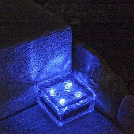 1 Solar Clear Glass Brick Paver Light with 4 LEDs- Blue - 4" x 4"