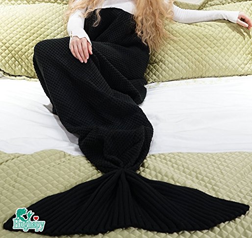 Hughapy Knitted Mermaid Tail Blanket for Adults, Teens,Kids Crochet Snuggle Mermaid,All Seasons Seatail Sleeping Blanket (Adult,Black)