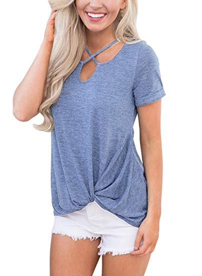 Dokotoo Womens Summer Casual Short Sleeve Floral Knot Blouse Tops and T-Shirts