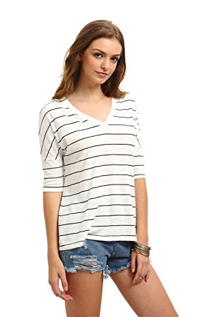 ROMWE Women's Half Sleeve V-Neck Striped T-Shirt Tops