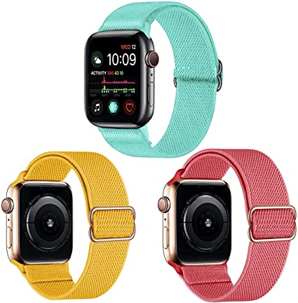 Apple Watch Band, Nylon Solo Loop iWatch Band 38mm 40mm 42mm 44mm, Adjustable Stretch Nylon Strap for Apple Watch Series SE 6 5 4 3 2 1, 3 Pack Elastic Smartwatch Wristband Apple Watch Bands Men Women