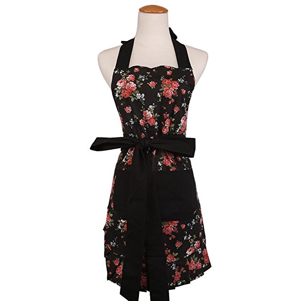 Cotton Fabric Women's Apron with 2 Pockets-Extra Long Ties, Home Baking or Kitchen Cooking, Graceful and Flirty, Black style-6-Leeotia