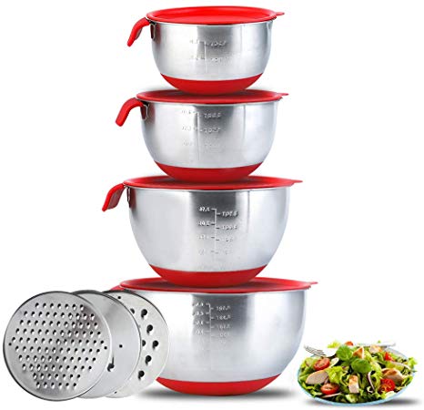 Stainless Steel Mixing Bowls with Airtight Lids, Serving Bowl Set of 4 for For Kitchen Cooking Baking Food Storage with 3 Graters