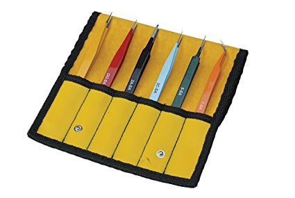 Aven 18480EZ E-Z Pik 6-Piece Tweezers Set with Protective Pouch, AA, OO, 2A, 3C, #5, and #7 Pattern Tips, Stainless Steel