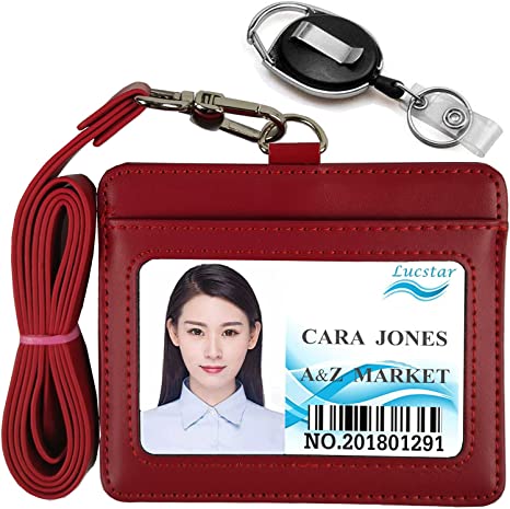 Lucstar Professional ID Badge Holder with Clip Lanyard Horizontal,Genuine Leather Badge Holder Heavy Duty, Clear Window Coach Name Holder for Women Men Work Student ID, Nurse Company(Red)