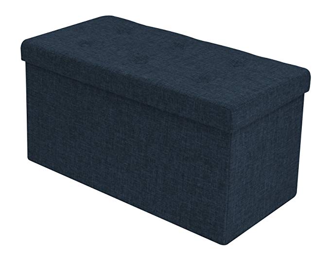 Sorbus Storage Ottoman Bench – Collapsible/Folding Bench Chest with Cover – Perfect Toy and Shoe Chest, Hope Chest, Pouffe Ottoman, Seat, Foot Rest, – Contemporary Faux Linen (Navy Blue)