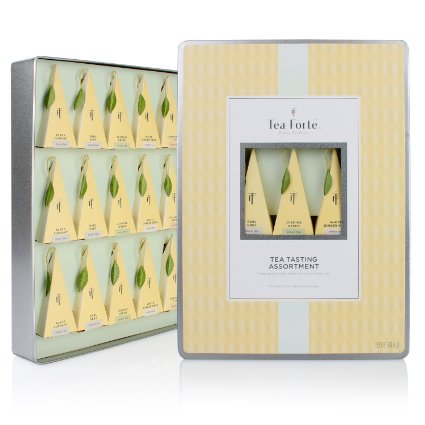 Tea Forte Large Tin Sampler Gift Assortment with 15 Handcrafted Pyramid Tea Infusers - Black Tea Green Tea White Tea Herbal Tea